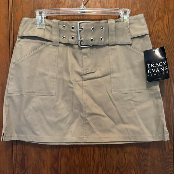 Vintage Deadstock Tracey Evans Limited Stretch Belted Mini Skirt Khaki Y2K 11 - Picture 1 of 6